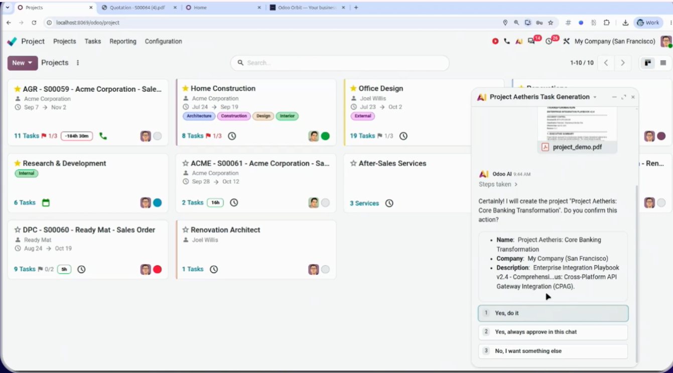 Crear proyecto y tareas a partir de un PDF con IA en Odoo 20