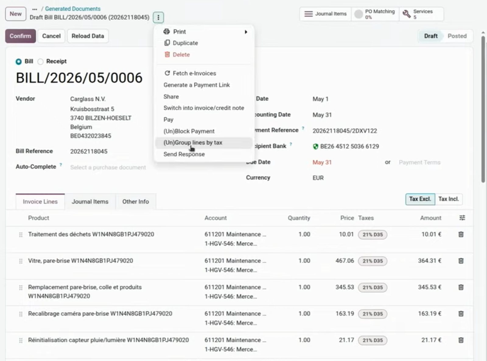 Unificar líneas de factura de proveedor en Odoo 20