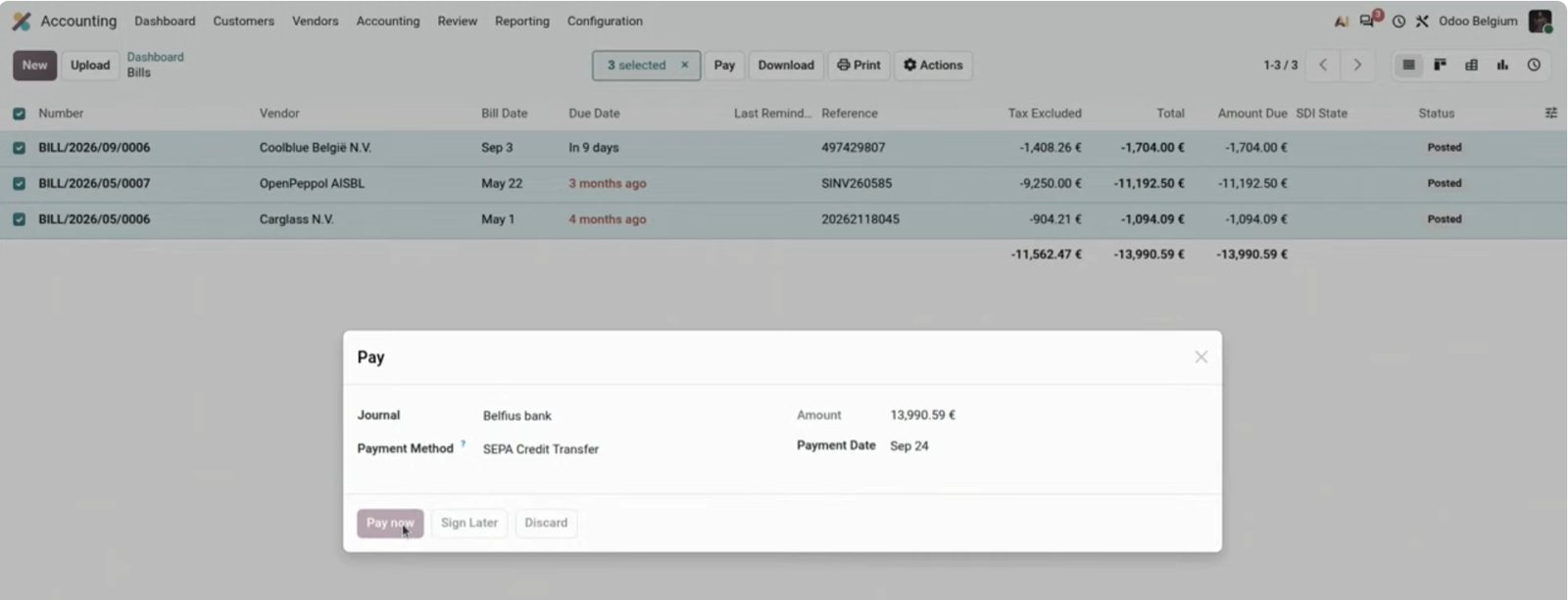 Lote de pagos SEPA en Odoo 20