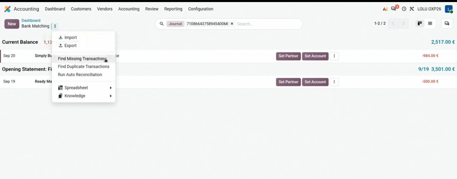 Fetch Missing Transactions y Find duplicate transactions en Odoo 20
