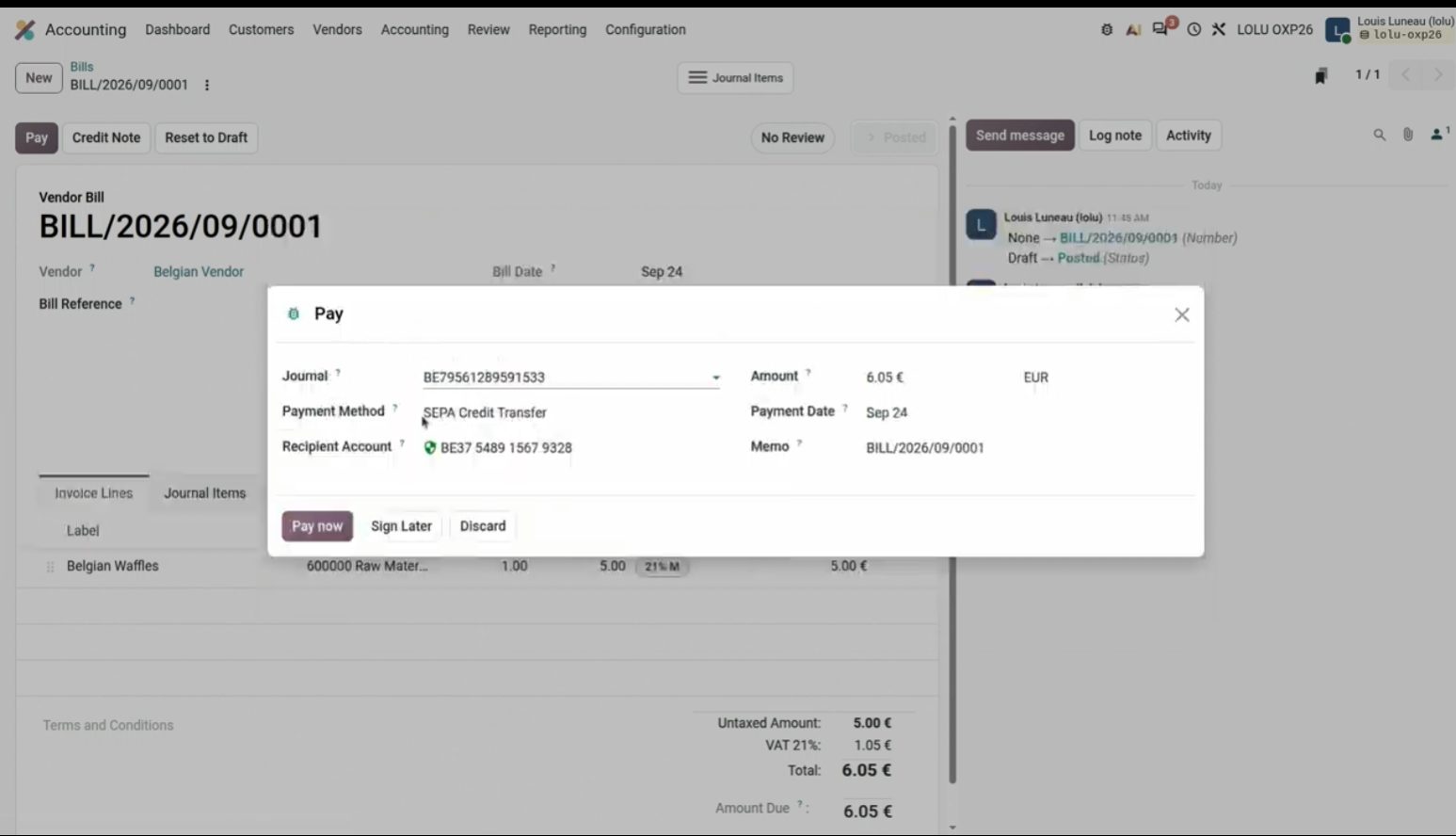 Pagar una factura de proveedor con un clic en Odoo 20