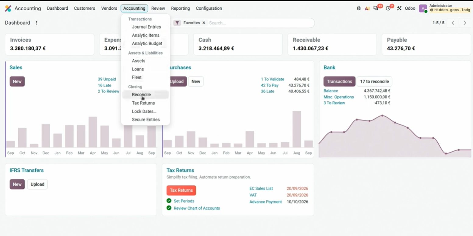 Pantalla Reconcile de todos los bancos en Odoo 20
