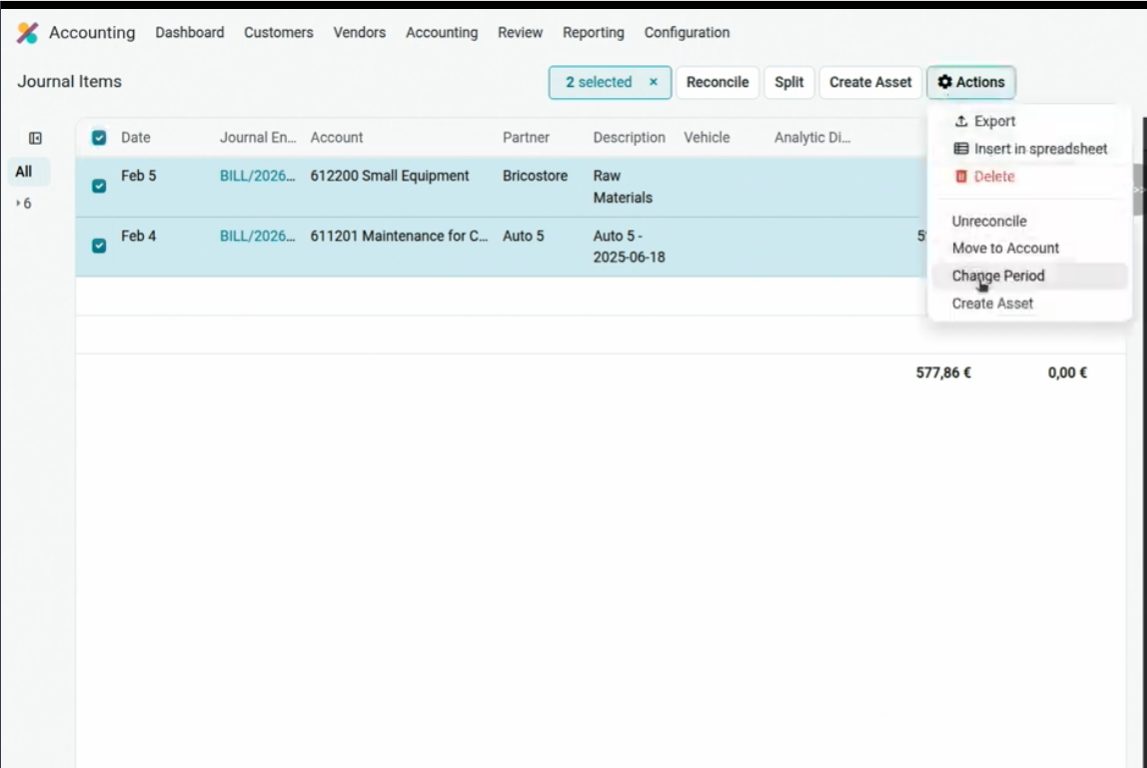 Change Period en apuntes contables de Odoo 20