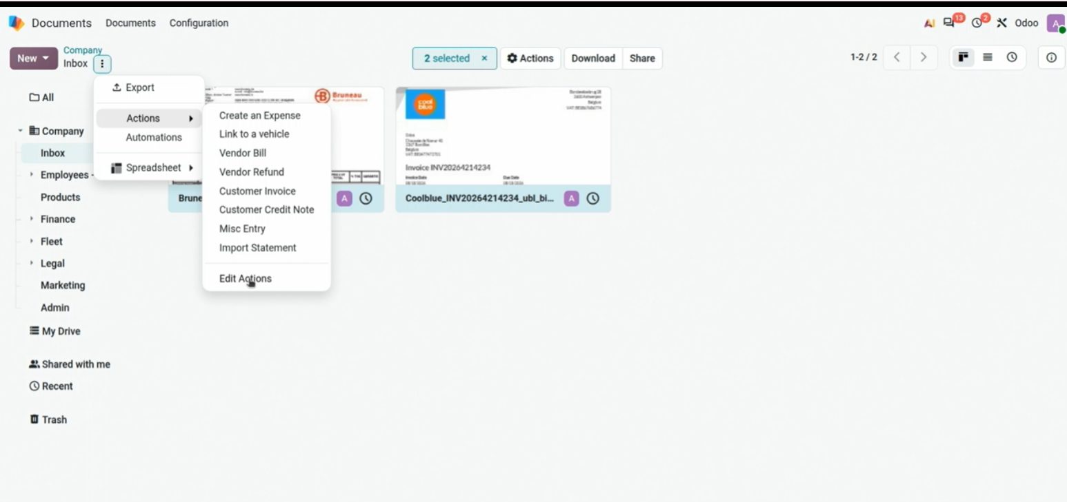 Acciones de Documentos: enviar o crear factura de proveedor