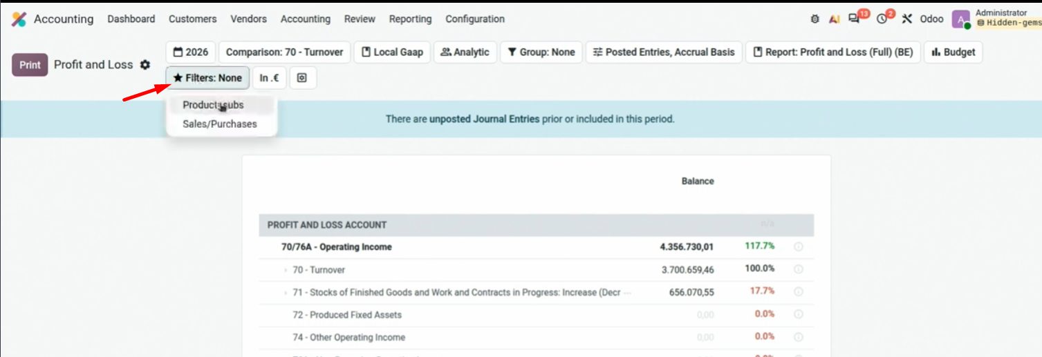 PyG con comparación por porcentaje en Odoo 20