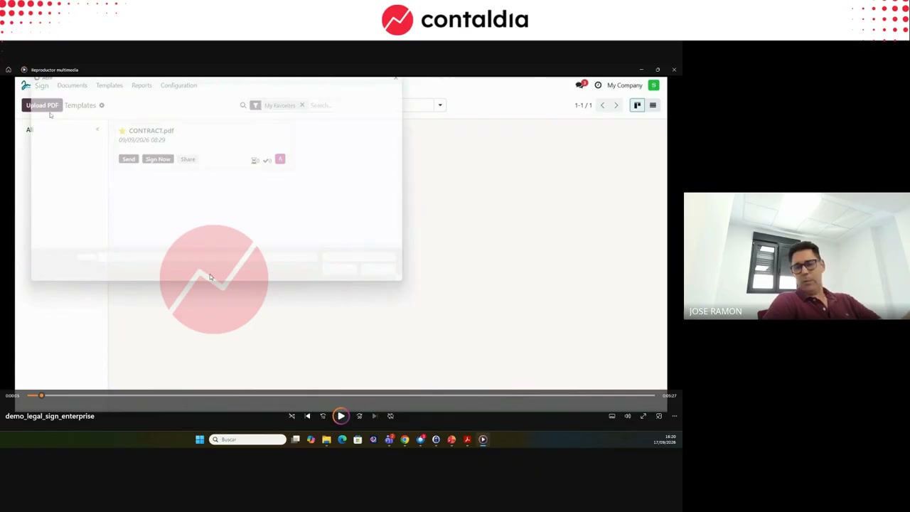 Plantilla de Odoo Sign Enterprise con controles y un firmante
