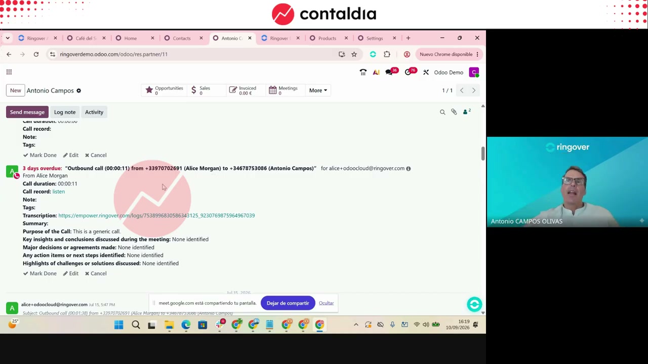 Historial de llamada en Odoo: audio, transcripción, propósito, nota y etiqueta
