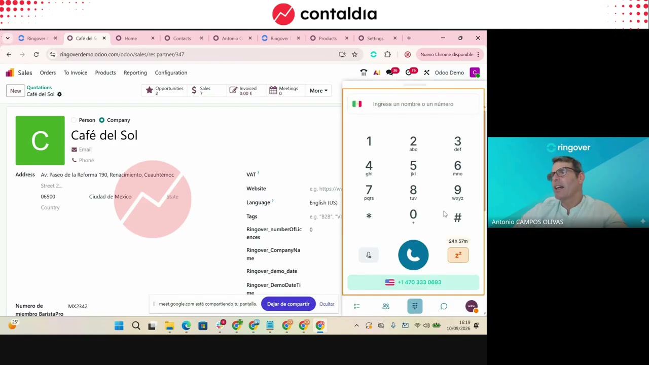 Dialer de Ringover embebido en la ficha de compañía de Odoo