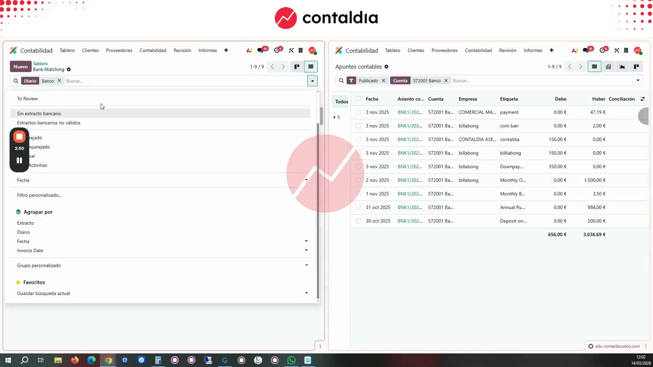 Lista de transacciones del banco en el tablero