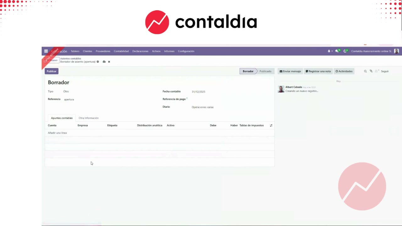 Nuevo asiento de apertura en Odoo