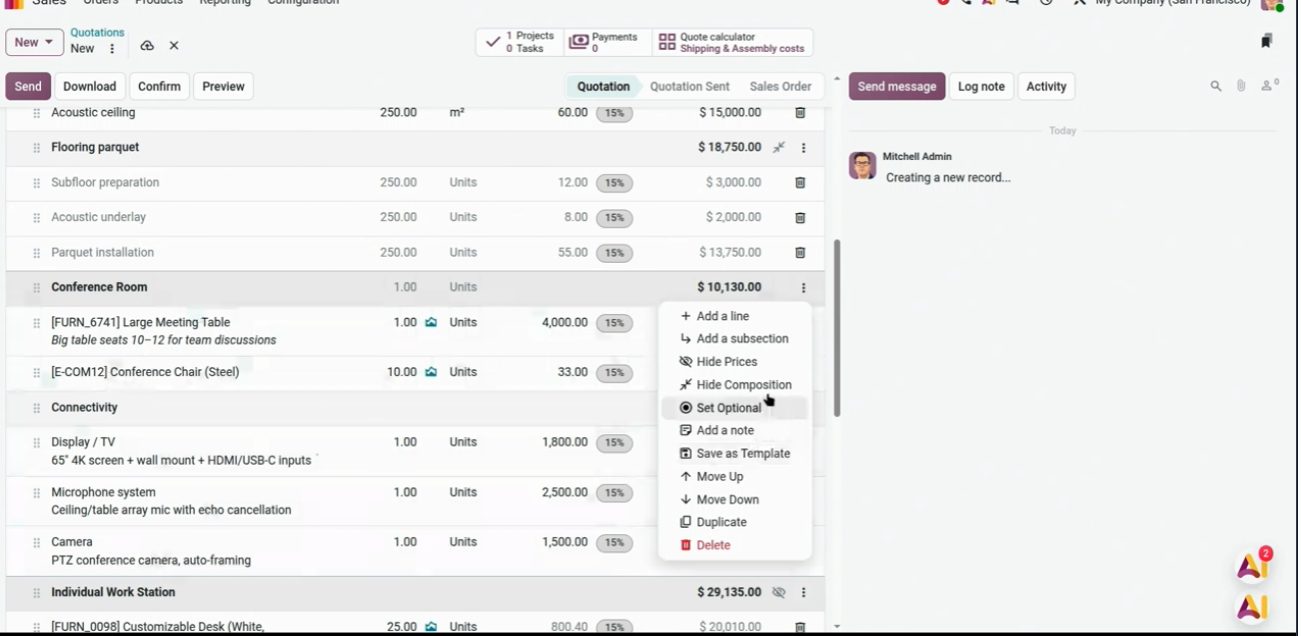 Plantillas de presupuesto por sección en Odoo 20