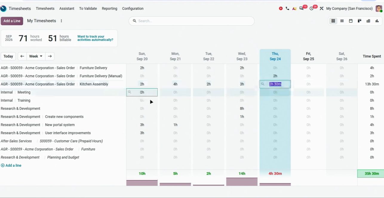 Timesheets en cuadrícula editable en Odoo 20