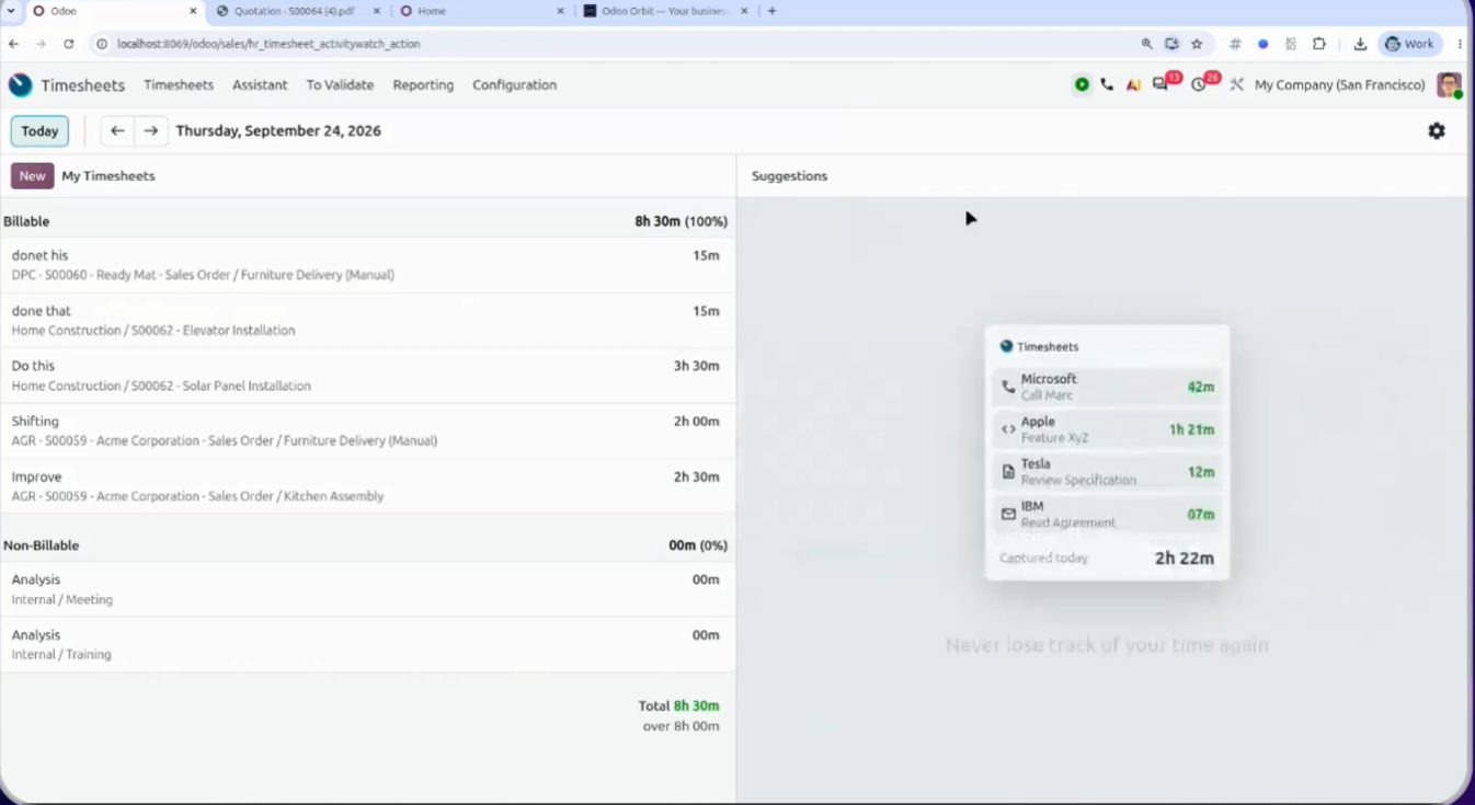 Servicios y materiales en partes de horas Odoo 20
