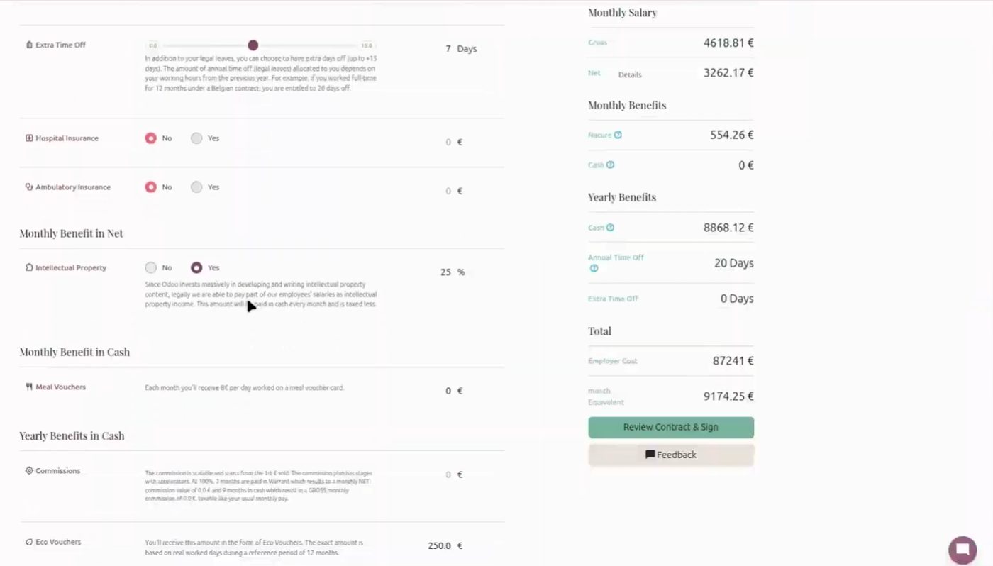 Oferta de empleo y salario desde nóminas de Bruselas en Odoo 20