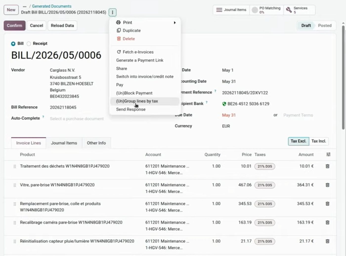 Unificar líneas de factura de proveedor en Odoo 20