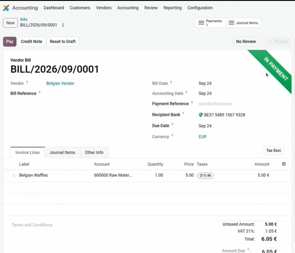 Botón Pay Now en la factura de proveedor Odoo 20