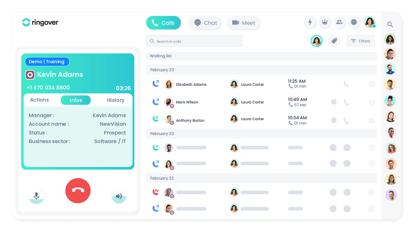 Dialer de Ringover con datos del CRM de Odoo durante una llamada