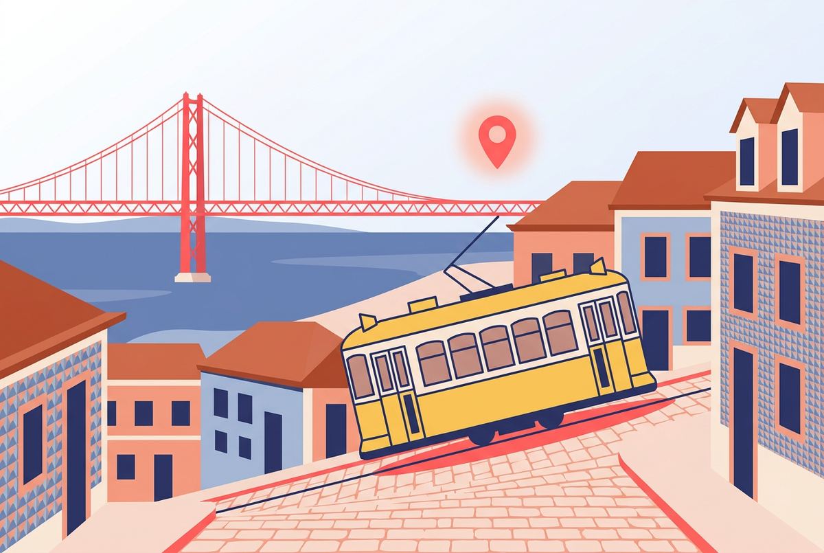 Lisbon: yellow tram and a bridge over the Tagus, with a location marker