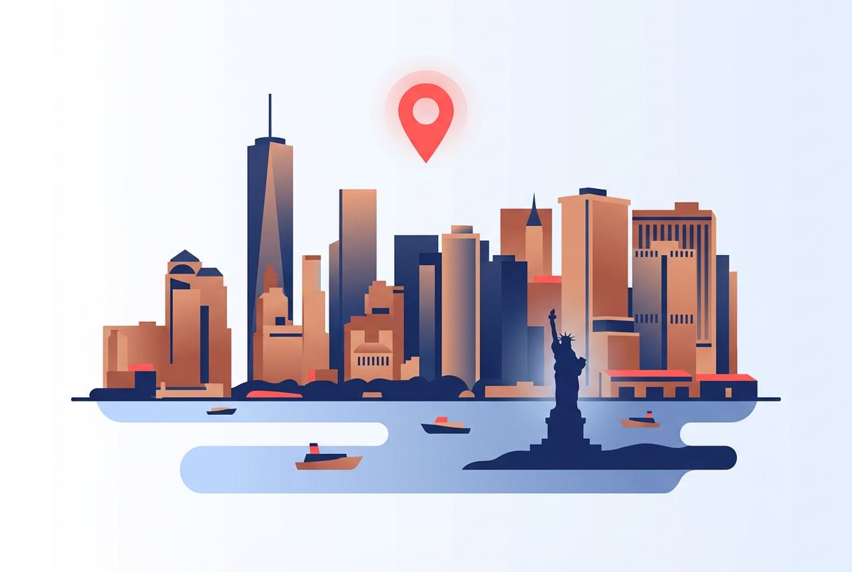 Skyline of a US city with the Statue of Liberty and a location marker