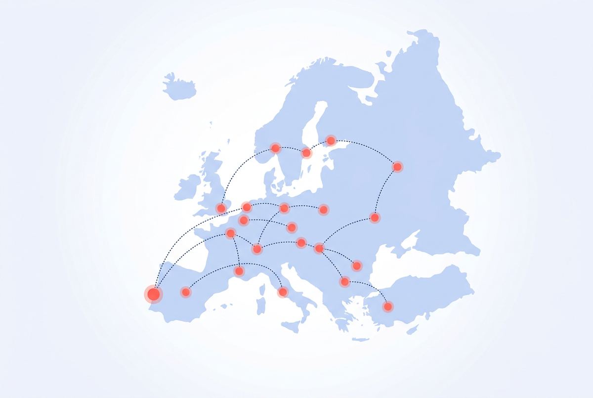 Stylised map of Europe with a network of connected dots